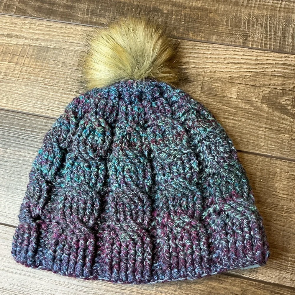 Cable Knit Crochet Beanie Hat Handcrafted With Faux Fur Pom Handmade Purple Blue